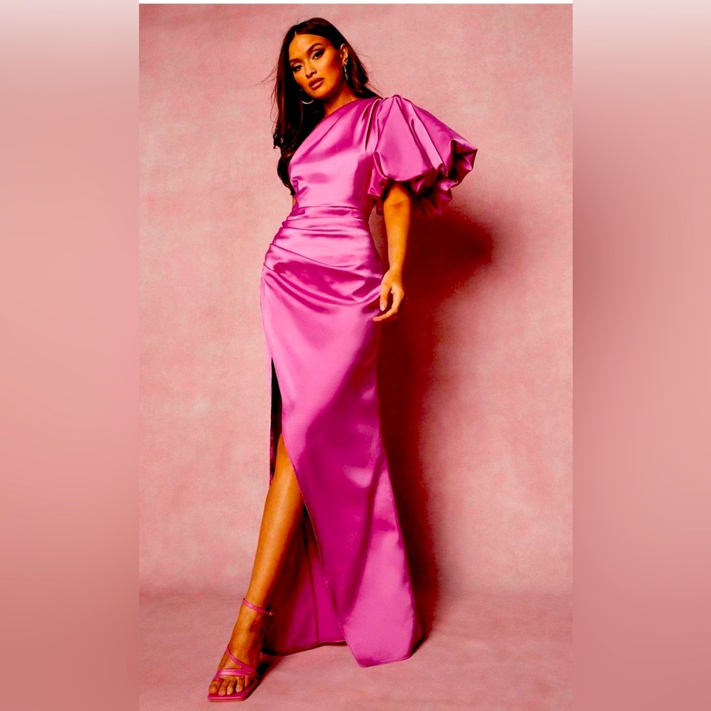Puff One Shoulder side split maxi dress